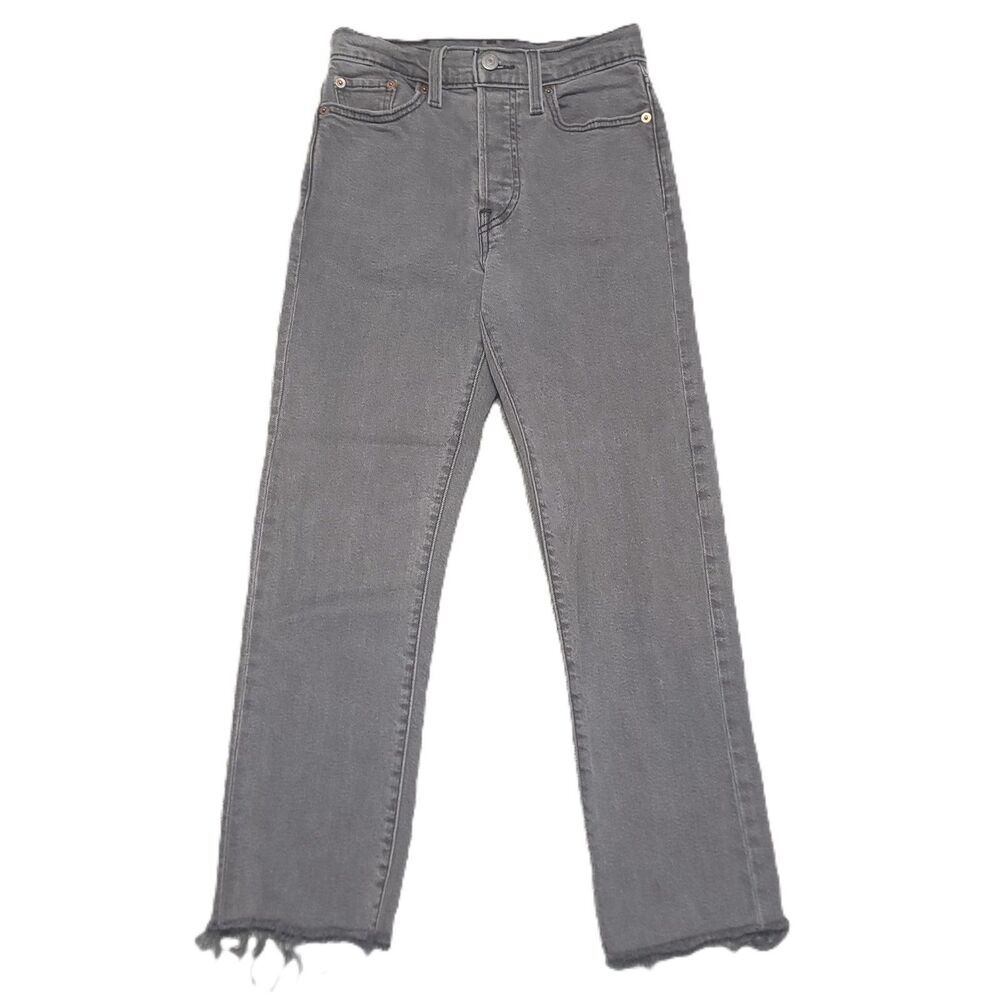 Levi's Wedgie Straight Jeans Womens 25 Gray Denim Button Fly Raw Hem Pants